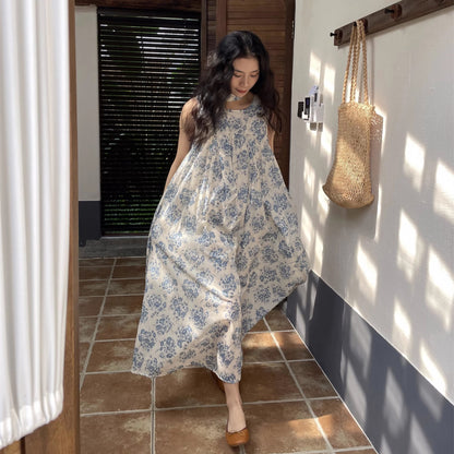 【ワンピース】フレンチシンプル ブルーフラワー プリント 大きな裾広がり Aライン ノースリーブワンピース【SHシリーズ】