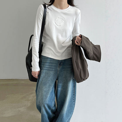 【トップス】クルーネック ジャストショルダー 胸元 ワッペン 長袖Tシャツ 【JZシリーズ】