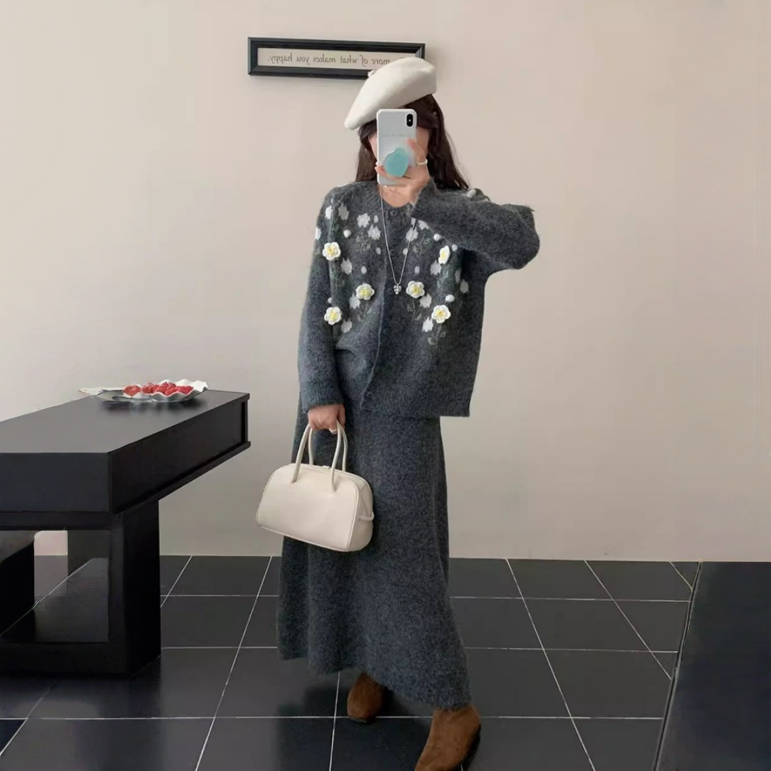 【セットアップ】春 秋 冬 立体刺繍フラワー +ハイウエスト ニットスカート 2点上下セット 【JZシリーズ】