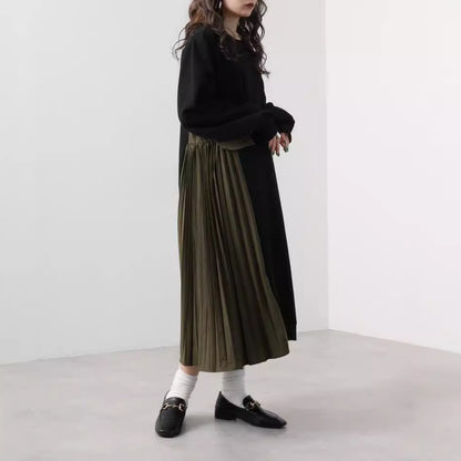 【24AW】【ワンピース】レトロ ラウンドネック 配色 ルーズ  切り替え 長袖ワンピース