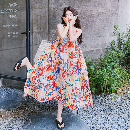 【ワンピース】アート風 グラデーション グラフィティプリント ノースリーブワンピース レディース 夏新作 若見え ゆったり キャミワンピース【SHシリーズ】