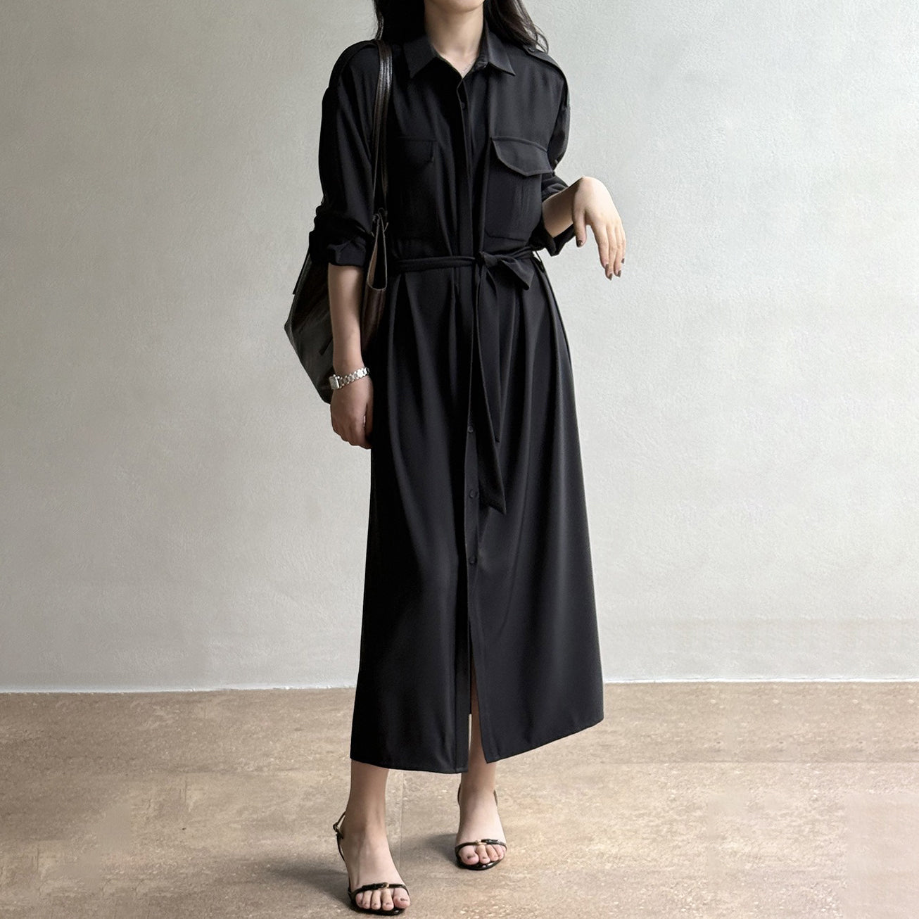 【ワンピース】ベルト付きシャツワンピース レディース 長袖 ミディ丈 オフィススタイル OL 秋服【JZシリーズ】