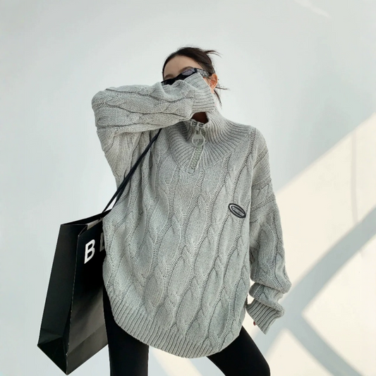 【トップス】ルーズ ファスナー付き  立襟 春 秋 冬 プルオーバー ニット セーター 【FCシリーズ】