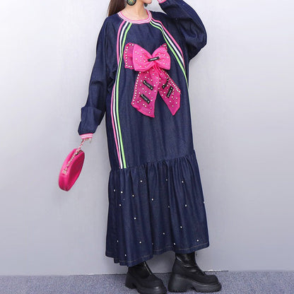 【ワンピース】デザイン感 2026春新作 レディース デニムワンピース リボン＆ビーズ装飾 ゆったりシルエット 着痩せ ロング丈 ファッション 長袖ワンピース
【SHシリーズ】