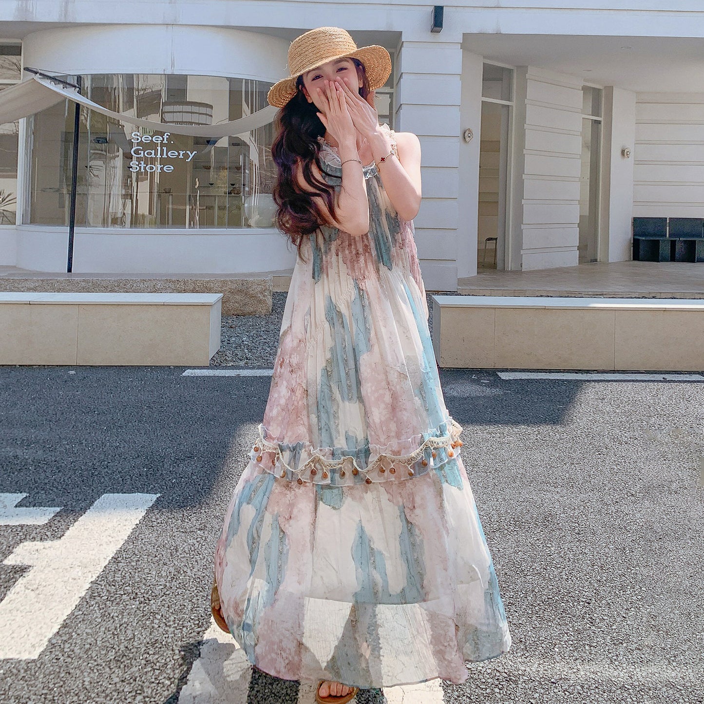 【ワンピース】花柄 ホルターネック ロング丈 ノースリーブワンピース 細見え 体型カバー 上品 リゾート 海外旅行 ビーチコーデ【SHシリーズ】