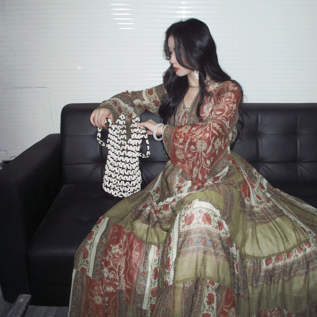 【ワンピース】春 秋 夏 ジプシーガール風 デザイン感 フレアシルエット 長袖 ワンピース 【SHシリーズ】