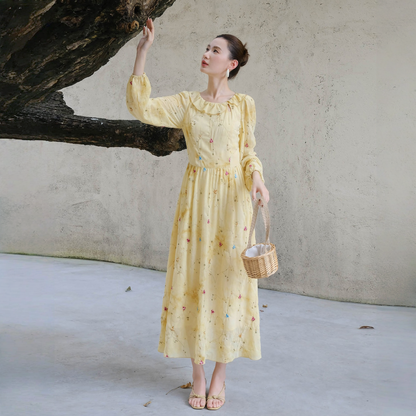 【ワンピース】春 秋 フレンチ風 刺繍入り 長袖 ロング ワンピース 【SHシリーズ】