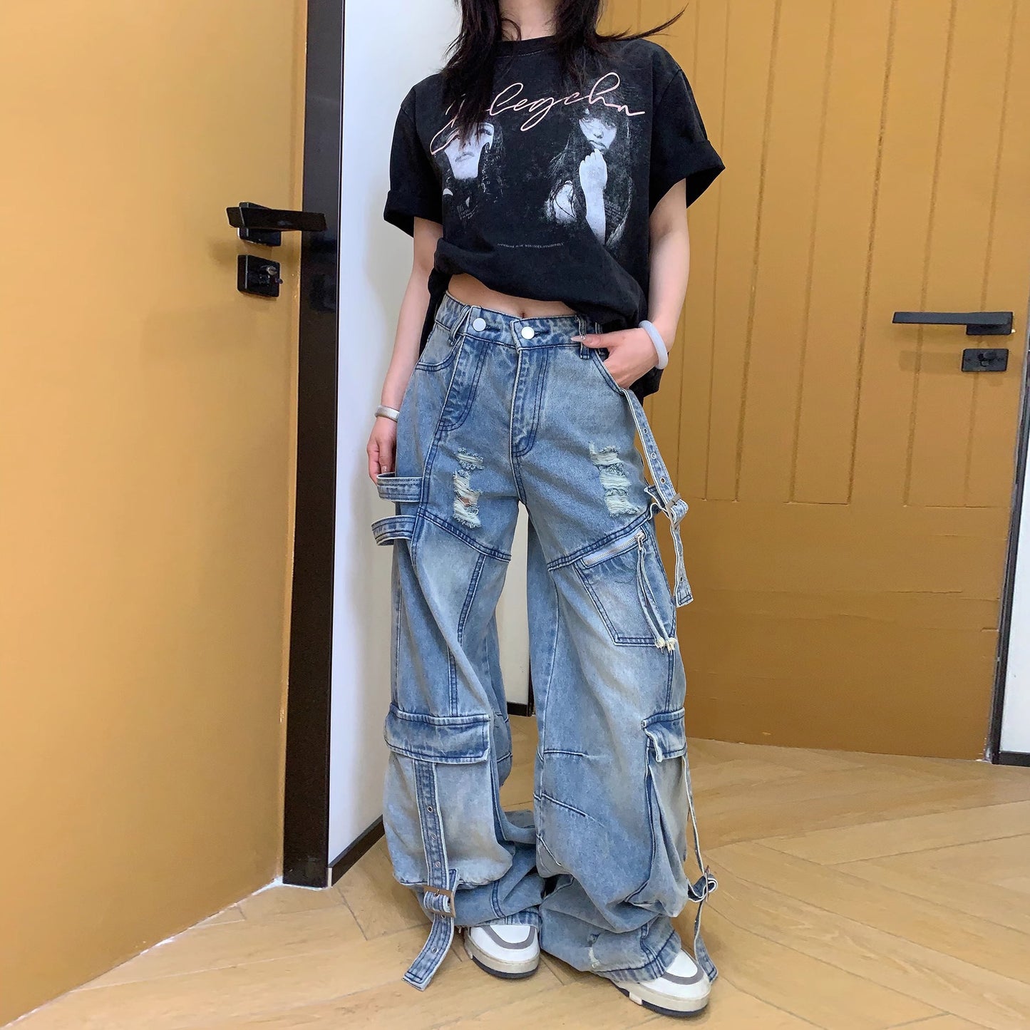 [下裝] 優雅的輪廓和奢華的感覺。夏季新品。水洗牛仔寬褲。 [FC系列] 