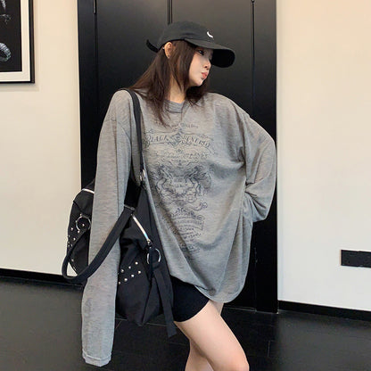 【トップス】韓国風 プリントロンT レディース 春夏 オーバーサイズ 長袖Tシャツ ナチュラルコーデ【FCシリーズ】