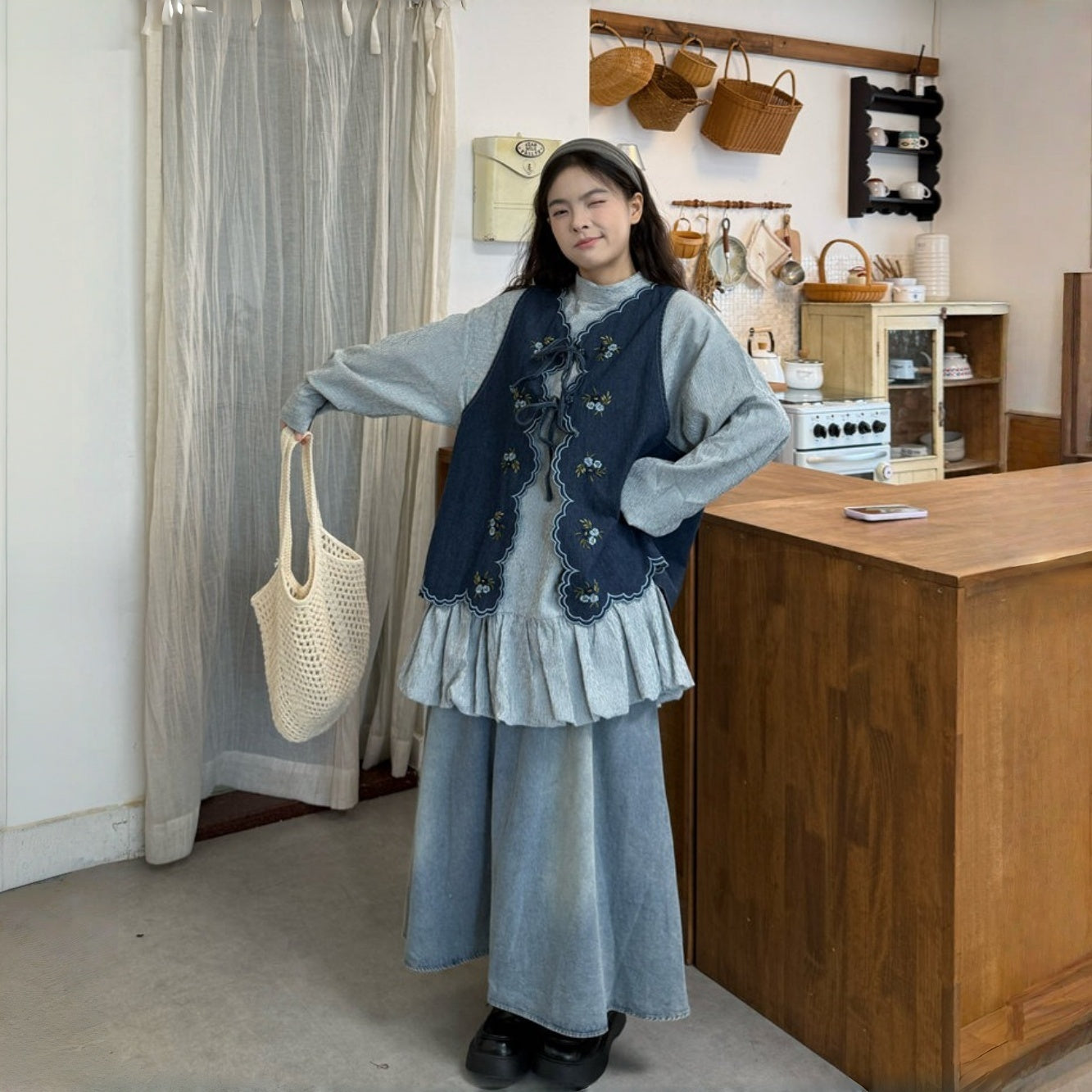 【セットアップ】ビッグサイズ レトロ 前後着用可能 ベスト+シャツワンピース+スカート 【JZシリーズ】