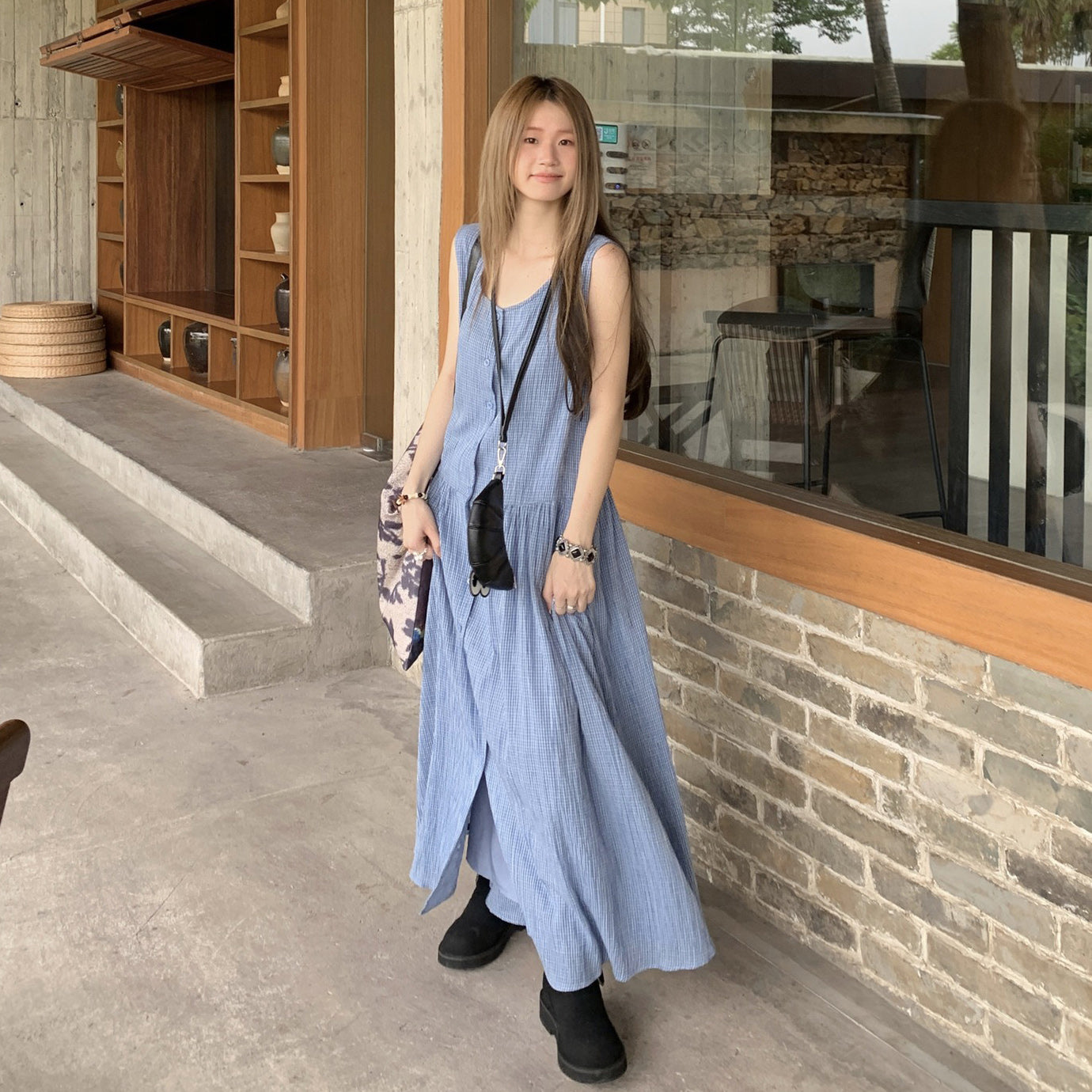 【ワンピース】韓国風チェック柄 夏の甘くて爽やかなノースリーブワンピース【SHシリーズ】