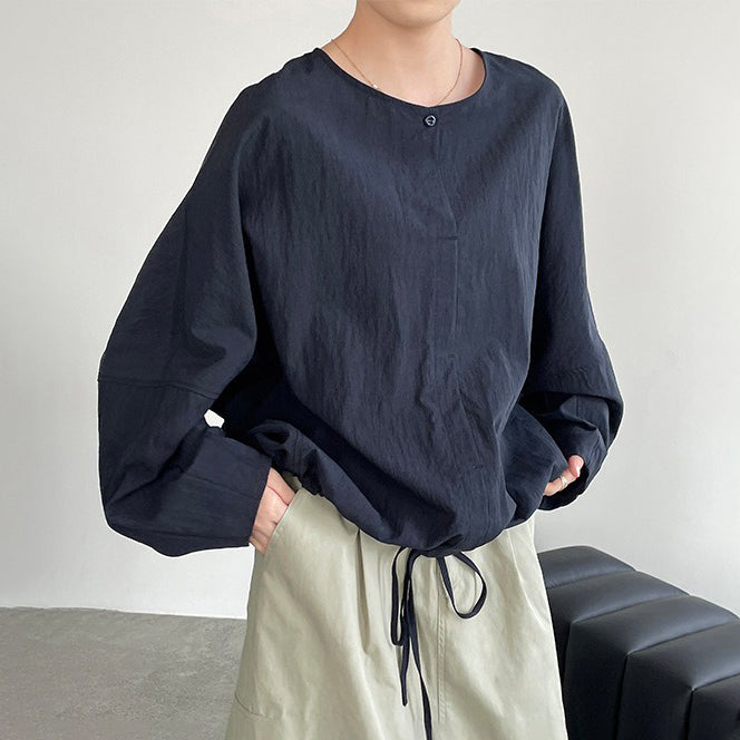 【トップス】ドロップショルダー シャツ 新作 ラウンドネック 長袖 ドローストリング ゆったり 体型カバー 上品【JZシリーズ】