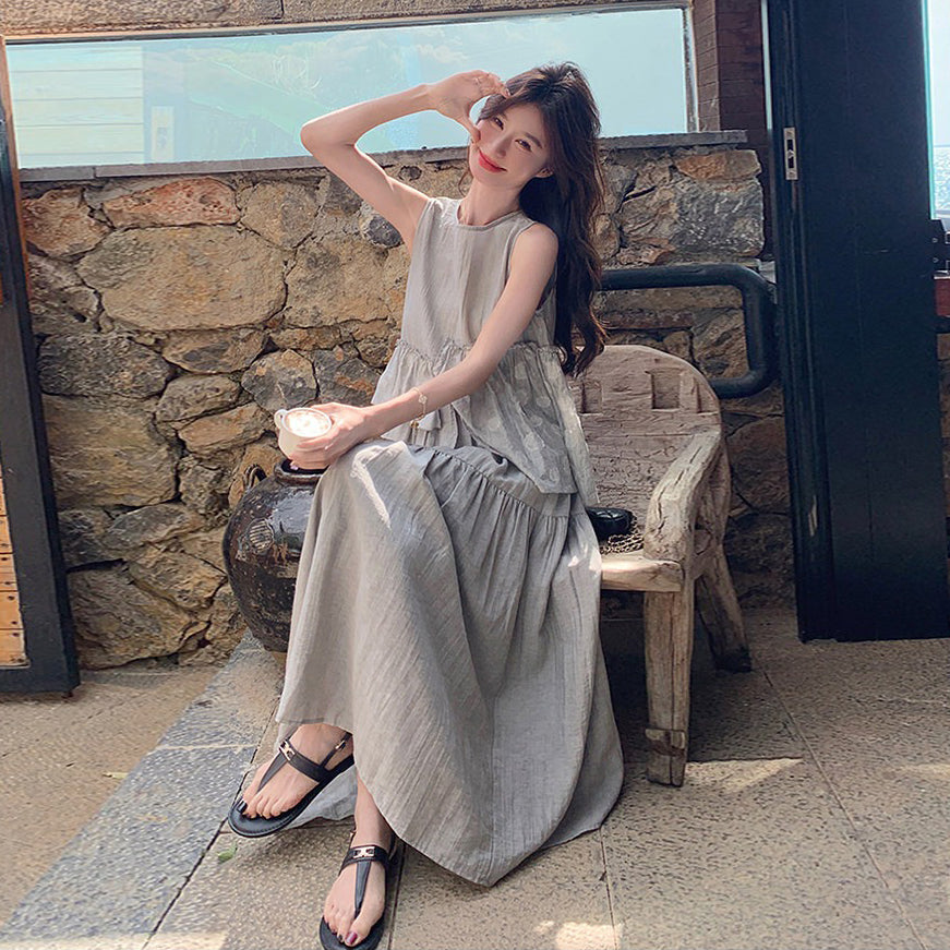 2点セット！【セットアップ】最近こればっかり着てる…♡ フリルベスト×スカート 上下セット グレー フレンチ風 夏リゾートコーデ きれいめ大人女子【JZシリーズ】