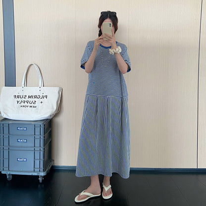 【ワンピース】ボーダー切替Tシャツワンピース レディース 夏 半袖 ロング丈 韓国風 ゆったりシルエット リラックスカジュアル【JZシリーズ】