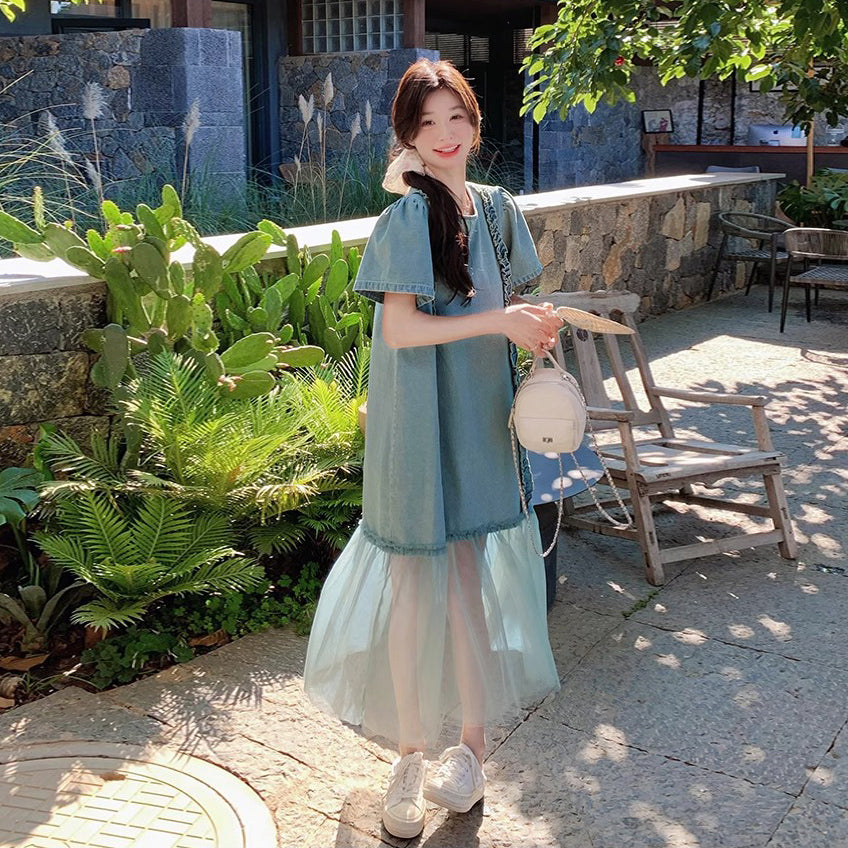 【ワンピース】クール系ハイセンス 配色デザイン デニム切替 半袖ワンピース【SHシリーズ】