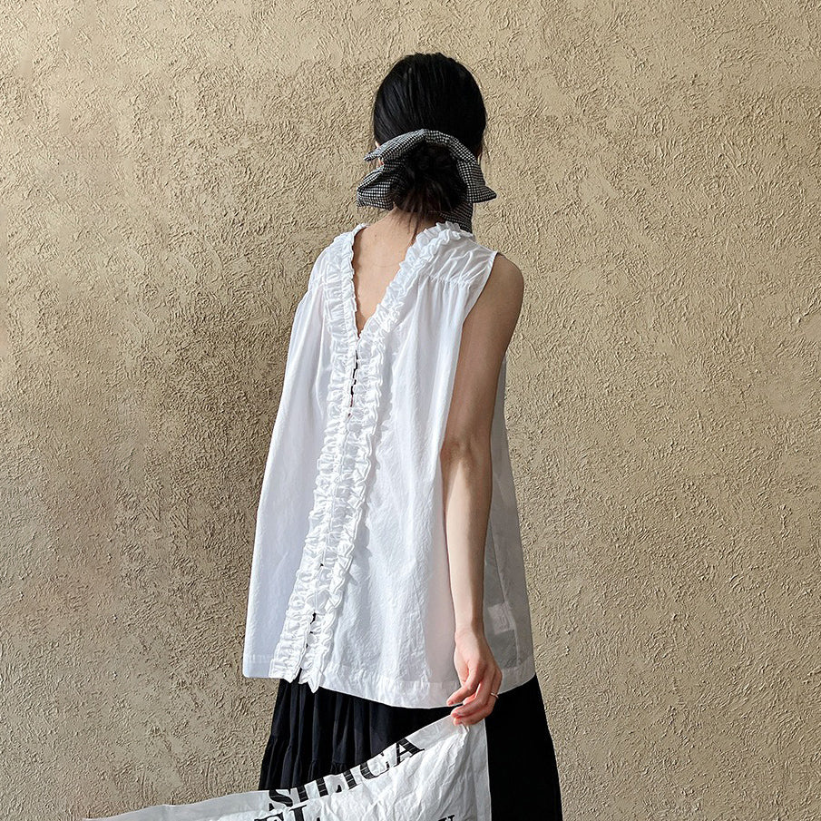【トップス】前後2WAY フレンチ風 花びらネックフリルデザイン ノースリーブブラウス【JZシリーズ】