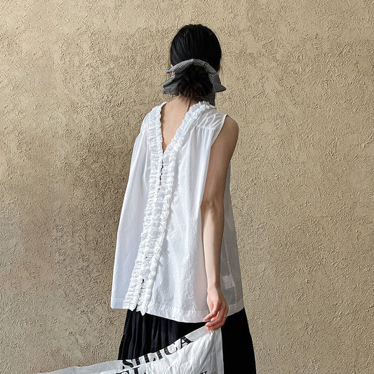 【トップス】前後2WAY フレンチ風 花びらネックフリルデザイン ノースリーブブラウス【JZシリーズ】