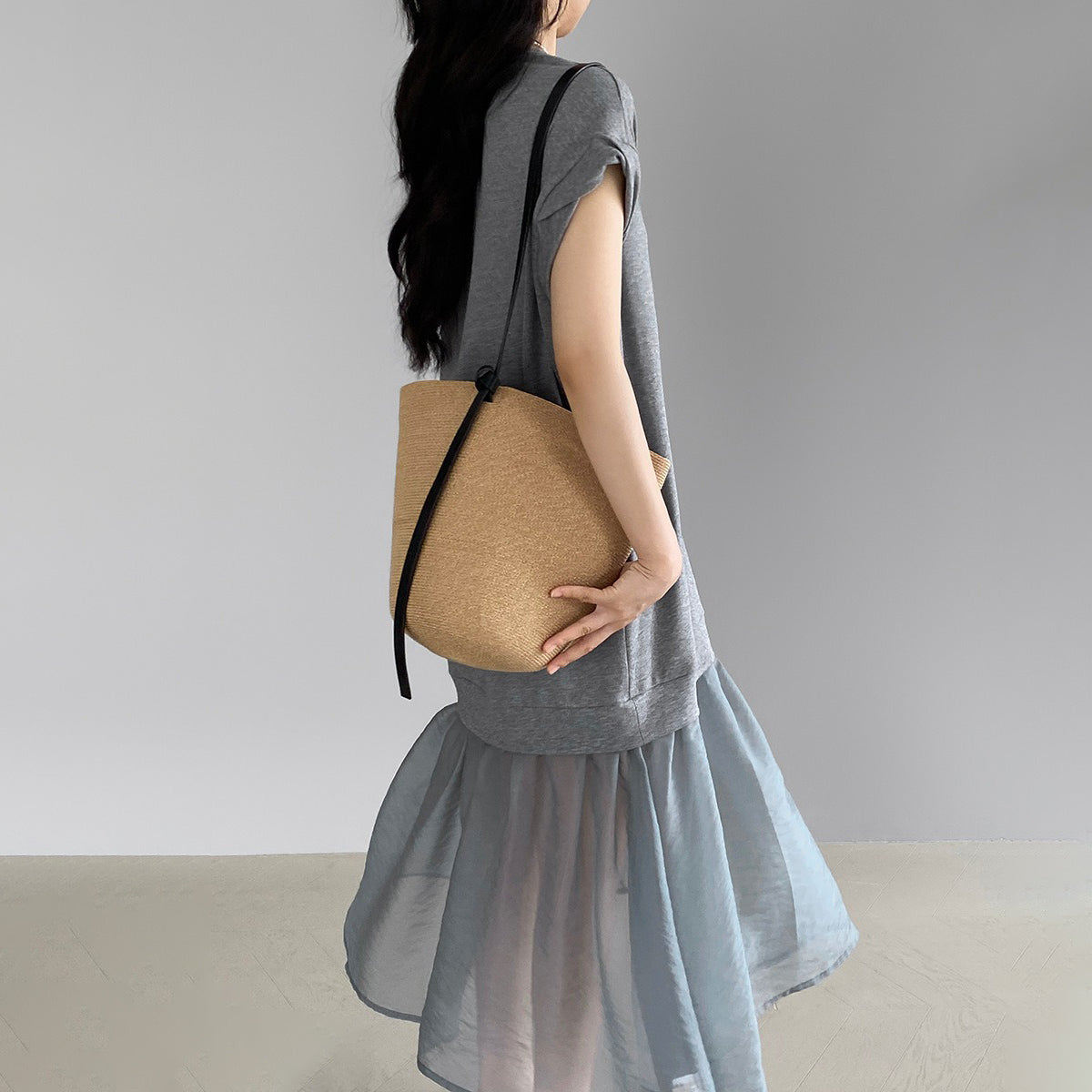 【ワンピース】カジュアル 夏 高級感 韓国風 フェイクツーイン ゆったり半袖Tシャツワンピース【JZシリーズ】