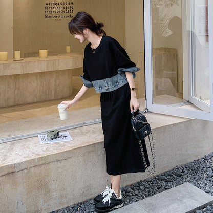 【ワンピース】 春秋 韓国風カジュアル デニム切り替え風フェイクレイヤード 長袖ワンピース レディース 【JZシリーズ】