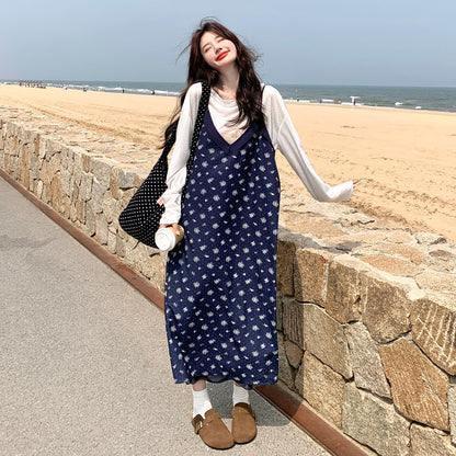 2点セット！【セットアップ】花柄キャミワンピース＆Tシャツ2点セット レディース ロング丈 ゆったり カジュアル 秋コーデ【SHシリーズ】