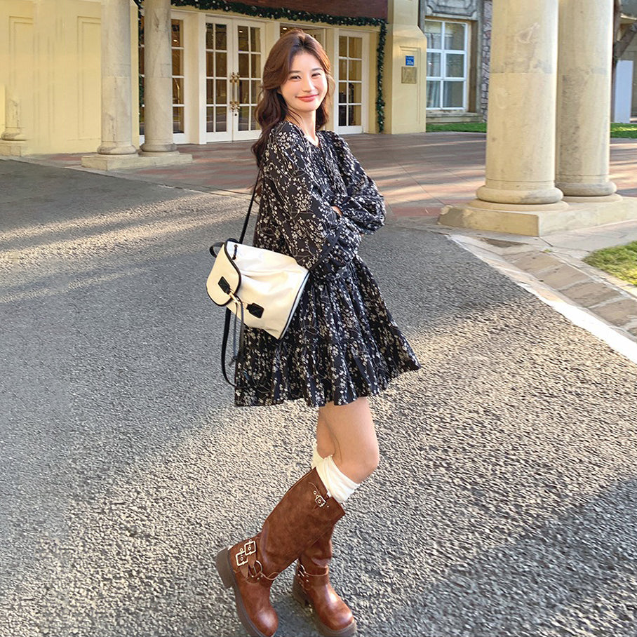 【ワンピース】レトロ ブラック花柄 長袖ワンピース レディース 春秋 ドールワンピース Aライン 大人可愛い 上品【SHシリーズ】