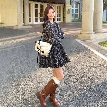 【ワンピース】レトロ ブラック花柄 長袖ワンピース レディース 春秋 ドールワンピース Aライン 大人可愛い 上品【SHシリーズ】