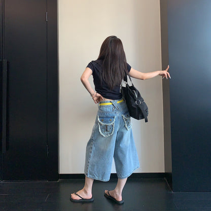 【ボトムス】デザイン性 ウォッシュドデニム カットオフ クロップドパンツ 【FCシリーズ】