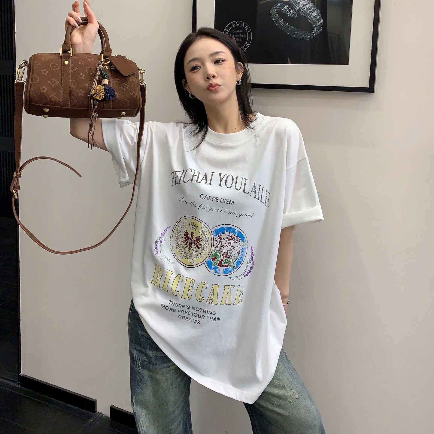 【トップス】デザイン感 カートゥーングラフィックTシャツ 薄手 半袖 オーバーサイズ ルーズシルエット 個性派カジュアル【FCシリーズ】