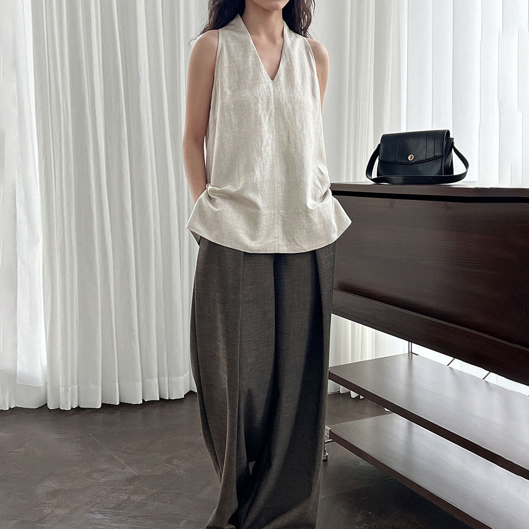 【トップス】デザイン性のある ハイネック 夏の涼感 リラックス Vネック ノースリーブブラウス【JZシリーズ】