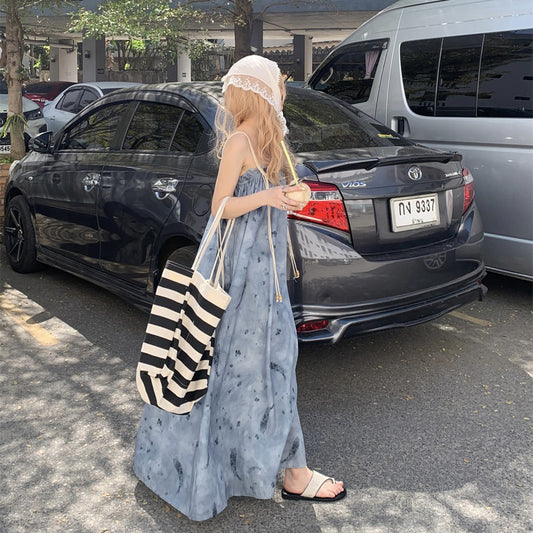 【ワンピース】夏新作 アート水墨画デザイン ゆったりカジュアル リラックスシルエット ノースリーブキャミワンピース【SHシリーズ】