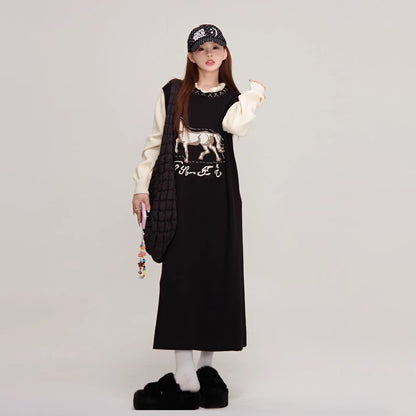 【ワンピース】✨配色デザイン♡ツーピース風ニット長袖ワンピース 冬 レディース 上品＆高見え【JZシリーズ】