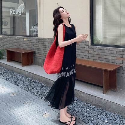 【ワンピース】メッシュ 切り替え ノースリーブワンピース レディース 夏 透け感 ふんわり 上品 若見え ロングワンピース【JZシリーズ】