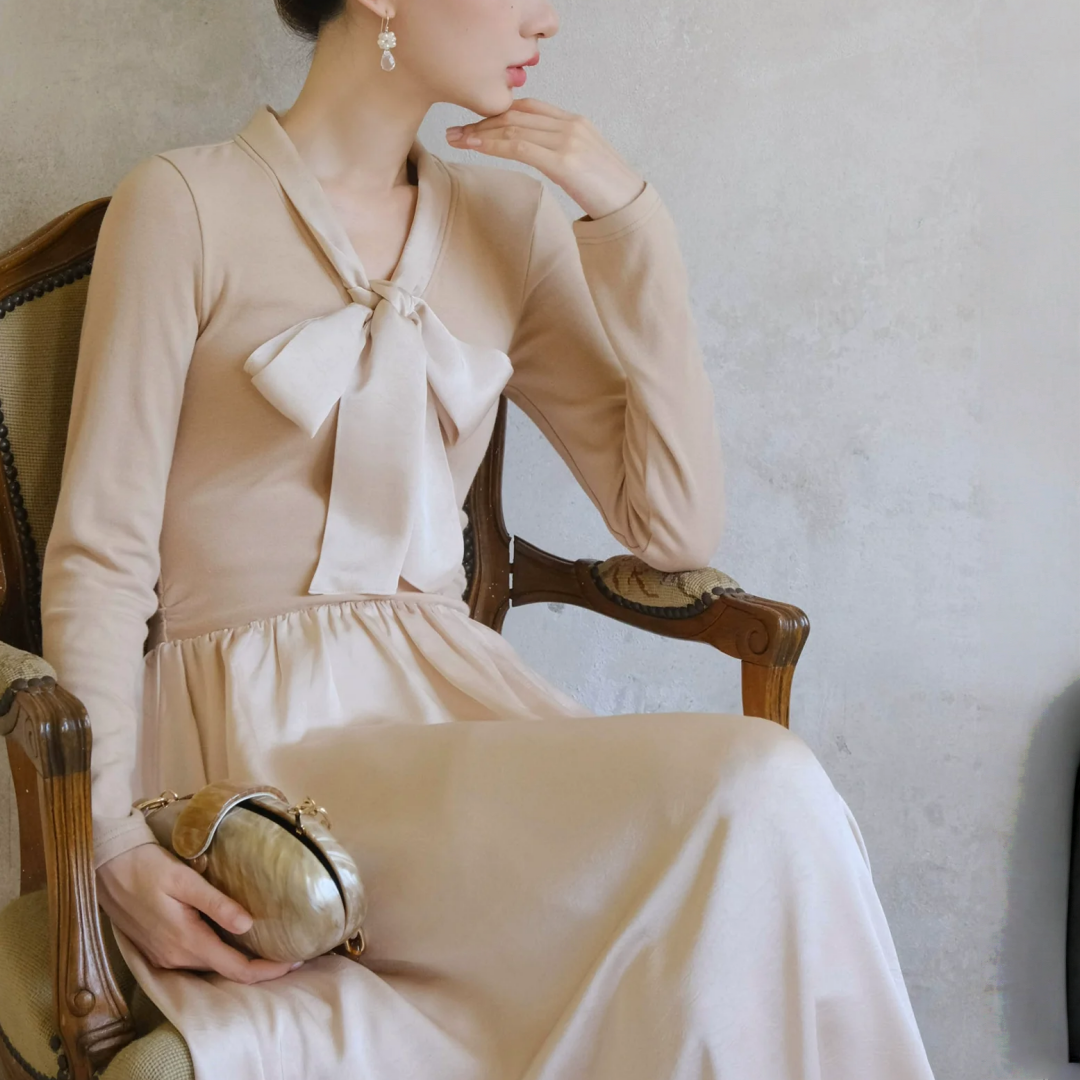 【ワンピース】春 秋 冬  リボンタイ 切り替え 長袖 ワンピース 【JZシリーズ】