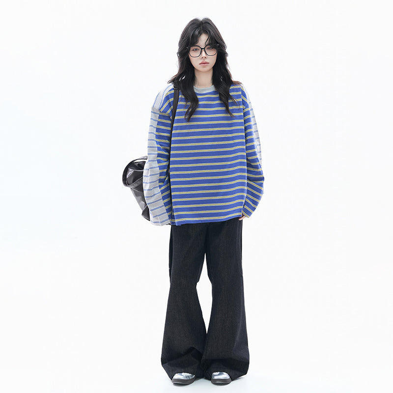 【トップス】レトロ配色ストライプロンT ユニセックス レディース 長袖Tシャツ デザインカットソー 春コーデ【FCシリーズ】