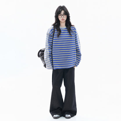 【トップス】レトロ配色ストライプロンT ユニセックス レディース 長袖Tシャツ デザインカットソー 春コーデ【FCシリーズ】