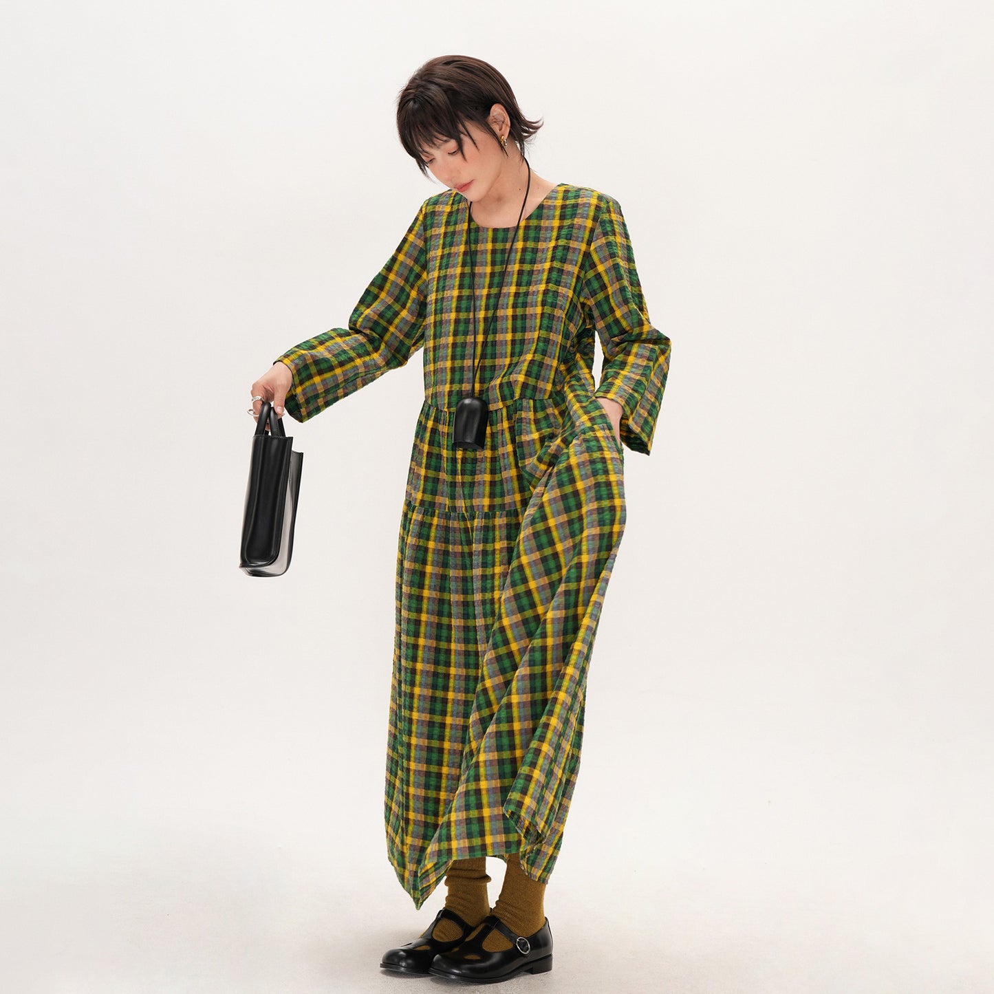 【ワンピース】レトロ チェック ワンピース レディース ゆったり 体型カバー 大きいサイズ ミディアム丈 長袖 デザイン感 ワンピース【SHシリーズ】