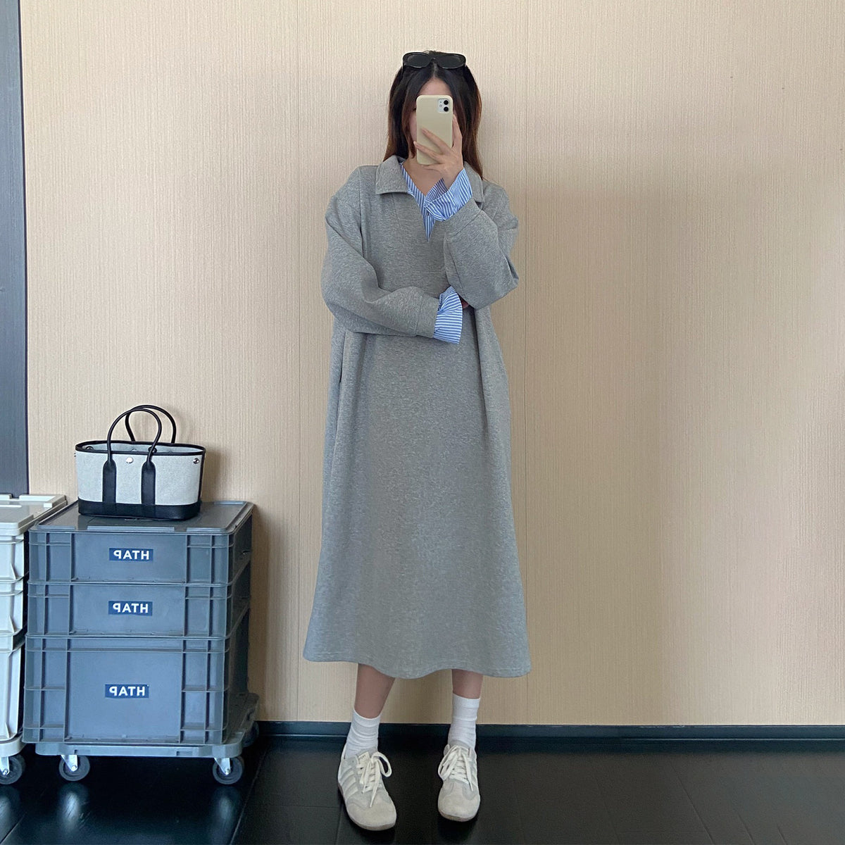 【ワンピース】韓国風フェイクレイヤードワンピース レディース 秋新作 ストライプ シャツカラー ゆったり ロング丈【JZシリーズ】