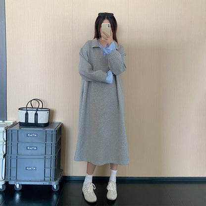 【ワンピース】韓国風フェイクレイヤードワンピース レディース 秋新作 ストライプ シャツカラー ゆったり ロング丈【JZシリーズ】