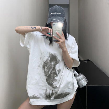 【トップス】アメリカンスタイル 高級感 スケッチ風人物プリント コットン100% 半袖Tシャツ【FCシリーズ】