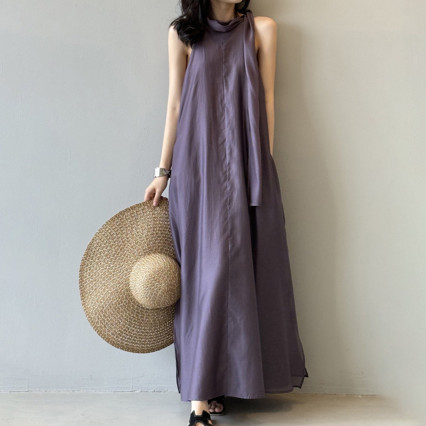 👉 翌日発送⚡在庫限り！【ワンピース】夏新作 フレンチエレガンス テンセル素材 リボンタイ ネックホルター ゆったり ノースリーブワンピース【JZシリーズ】