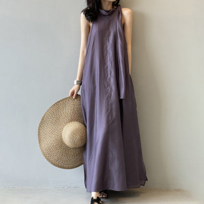 👉 翌日発送⚡在庫限り！【ワンピース】夏新作 フレンチエレガンス テンセル素材 リボンタイ ネックホルター ゆったり ノースリーブワンピース【JZシリーズ】