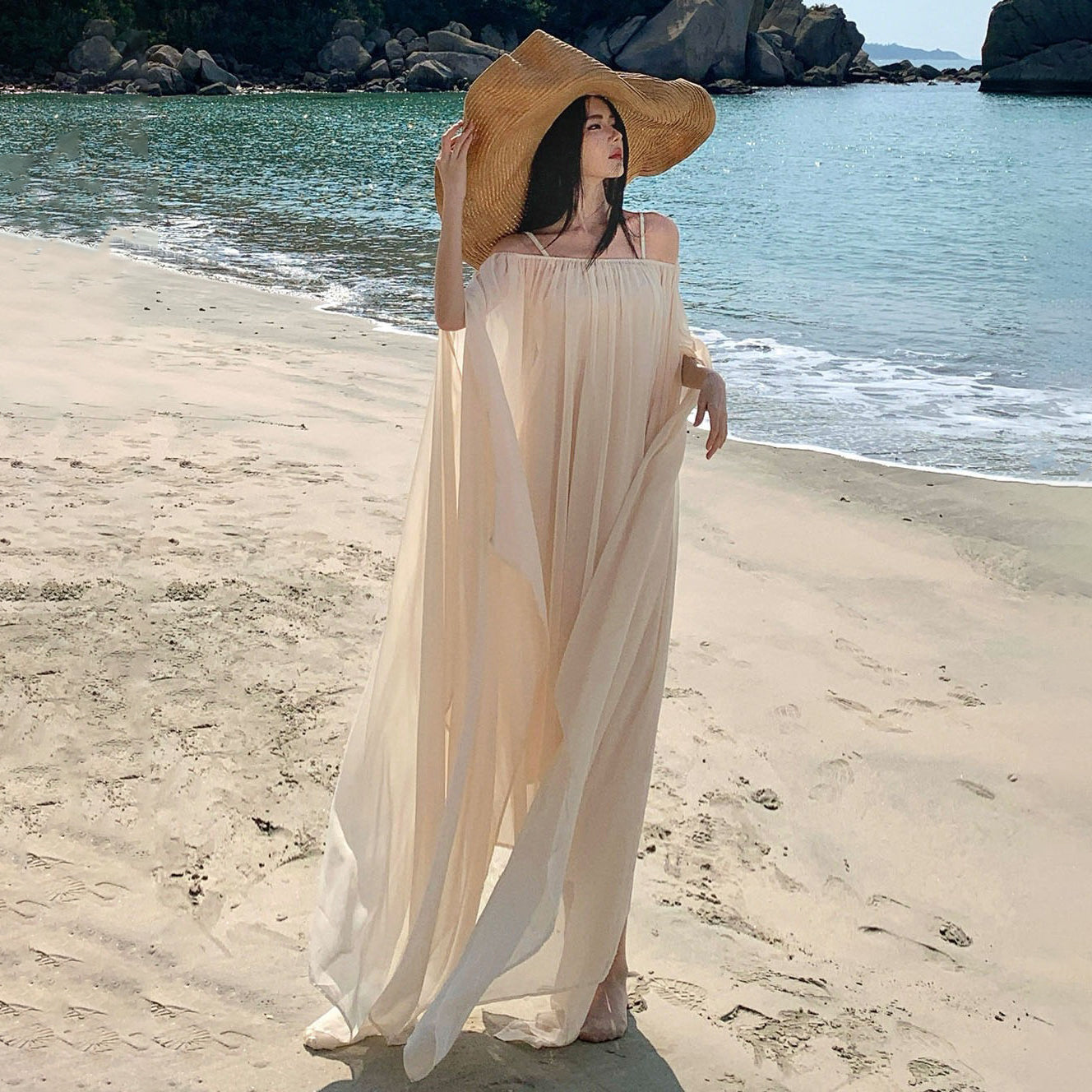 【セットアップ】海辺リゾート風 インナーキャミワンピ×シアーワンピース レイヤードセット ゆったりシルエット ロング丈 バカンスビーチドレス【SHシリーズ】