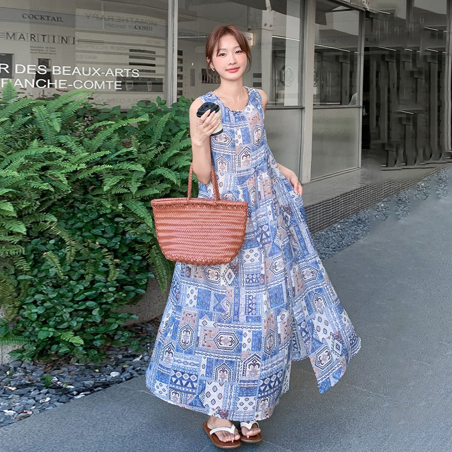 【ワンピース】韓国風エレガント リゾート民族風プリントノースリーブワンピース 【SHシリーズ】