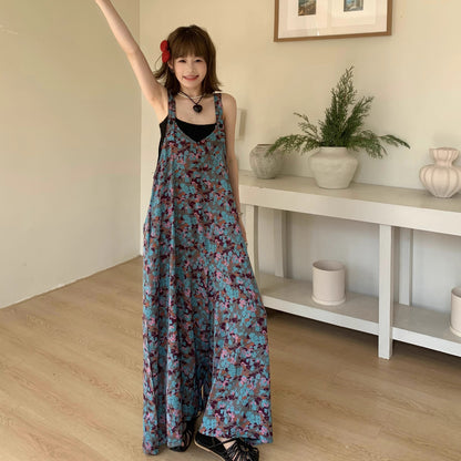 【ボトムス】夏新作 アートな雰囲気漂う Vネック 清涼感たっぷり ブルーフラワー柄サロペット オールインワン【SHシリーズ】