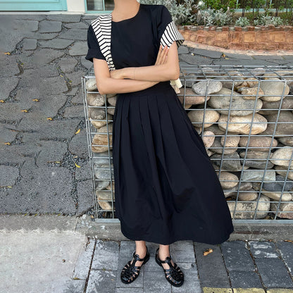 【ワンピース】フレンチシックな夏ワンピ｜クルーネック×タック入りウエストマークデザインで細見え◎