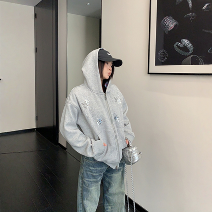 【アウター】刺繍 レトロ スパンコール ショート丈 フード付き ジャケット 【FCシリーズ】