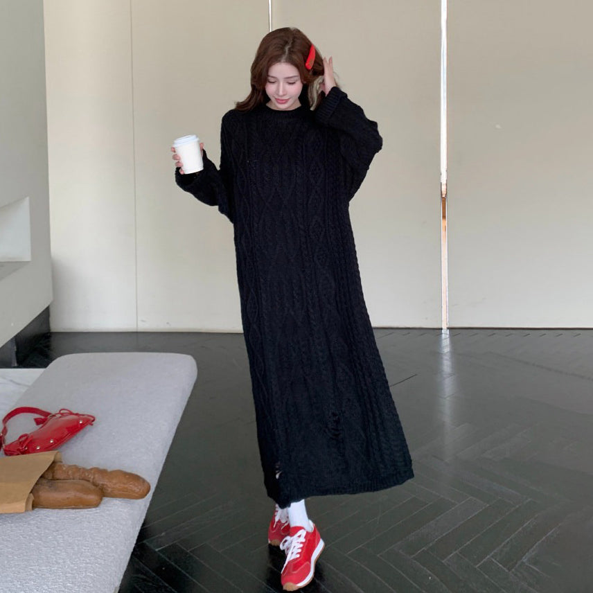 【ワンピース】大きいサイズダメージ加工ニットワンピース レディース 秋冬新作 クルーネック ゆったり ロング丈【JZシリーズ】