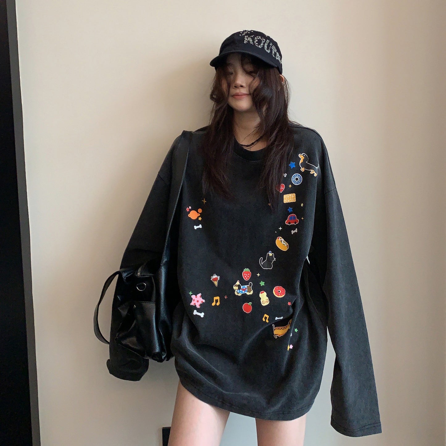 【トップス】古着風グラフィックロンT レディース 落書きプリント 長袖Tシャツ ゆったり ストリート【FCシリーズ】