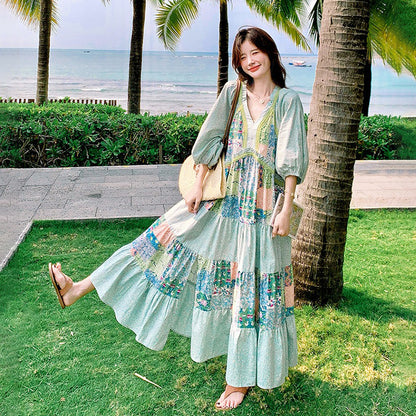 【ワンピース】森ガール風 ロマンチックグリーン切り替え 大裾Vネック 半袖ワンピース【SHシリーズ】