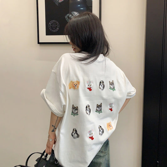 【トップス】レトロカジュアル ドッグ刺繍Tシャツ コットン半袖 オーバーサイズ ゆるっとシルエット リラックス感【FCシリーズ】